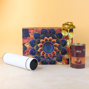 Festive gift hamper box featuring decorative flower, coffee can, and elegant design for special occasions