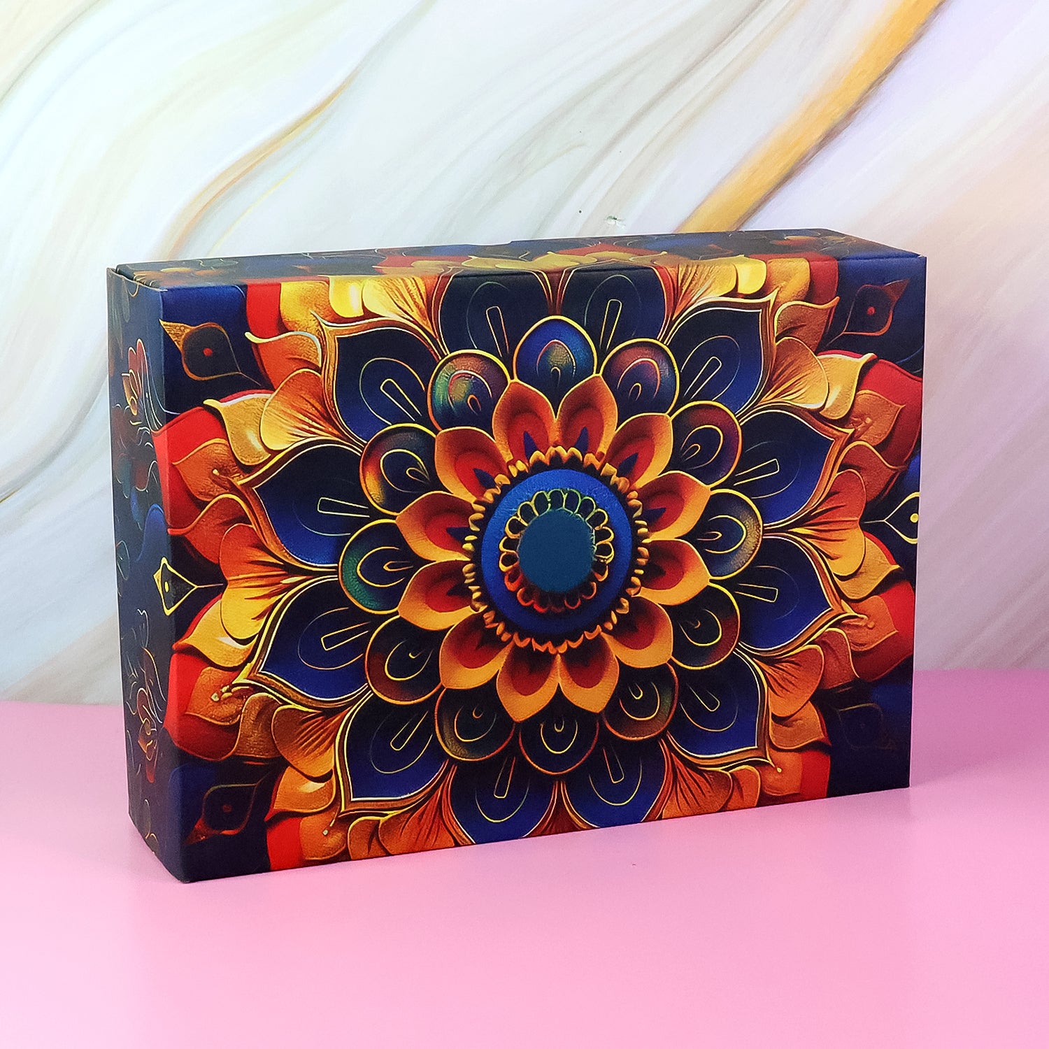 Festive gift hamper with stainless steel bottle featuring vibrant floral design and colorful packaging