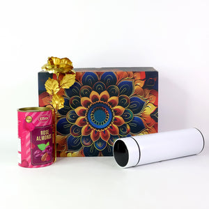 Festive gift hamper with stainless steel bottle and gourmet rose almonds for special occasions