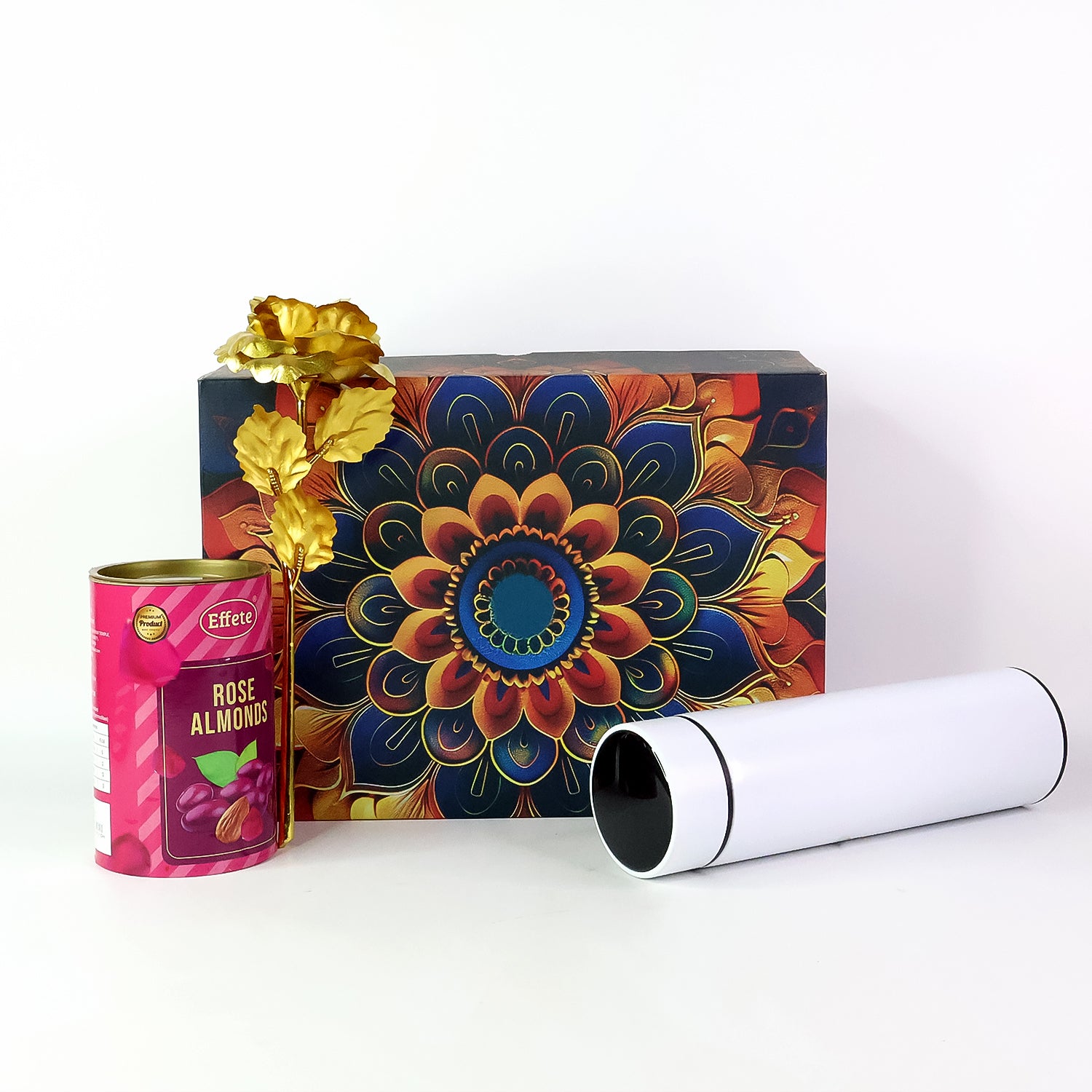 Festive gift hamper with stainless steel bottle and gourmet rose almonds for special occasions