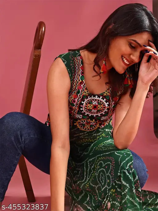 Women's Geogette Embroidered Bandhani Print Navratri Speical Kurta