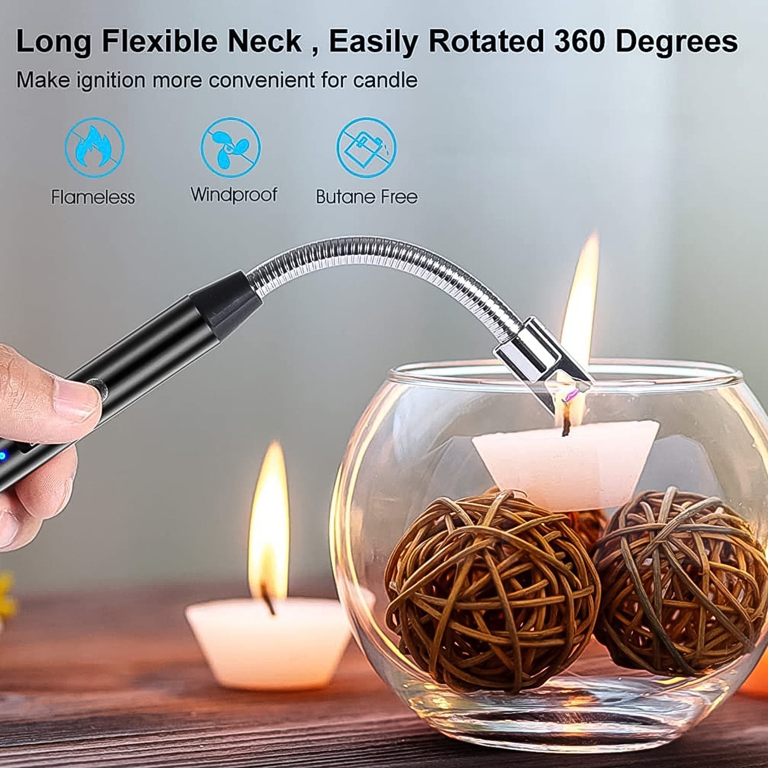 Flexible USB rechargeable lighter with a long flexible neck for candles, windproof and butane free