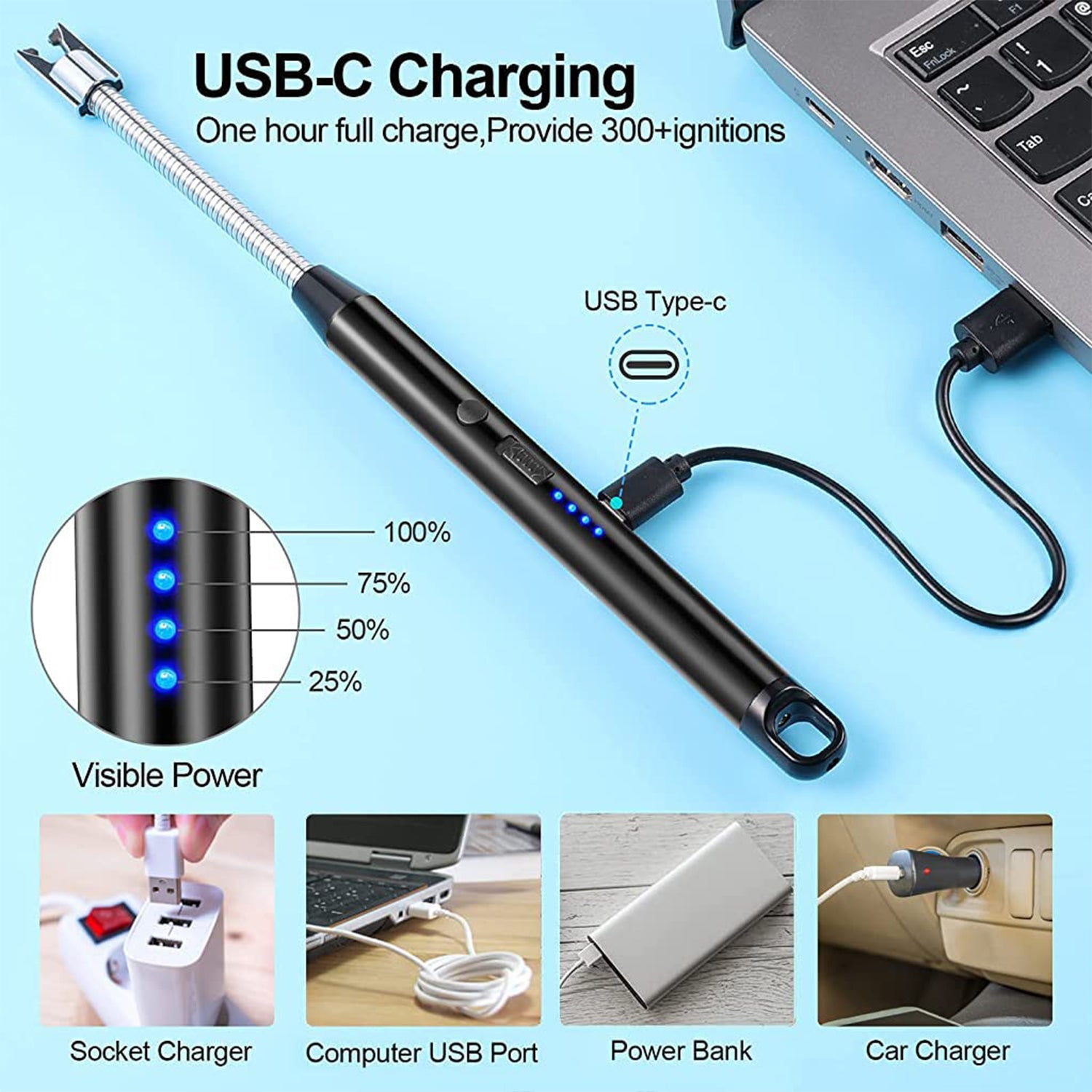 Flexible USB rechargeable lighter with USB-C charging and visible power indicators for easy use