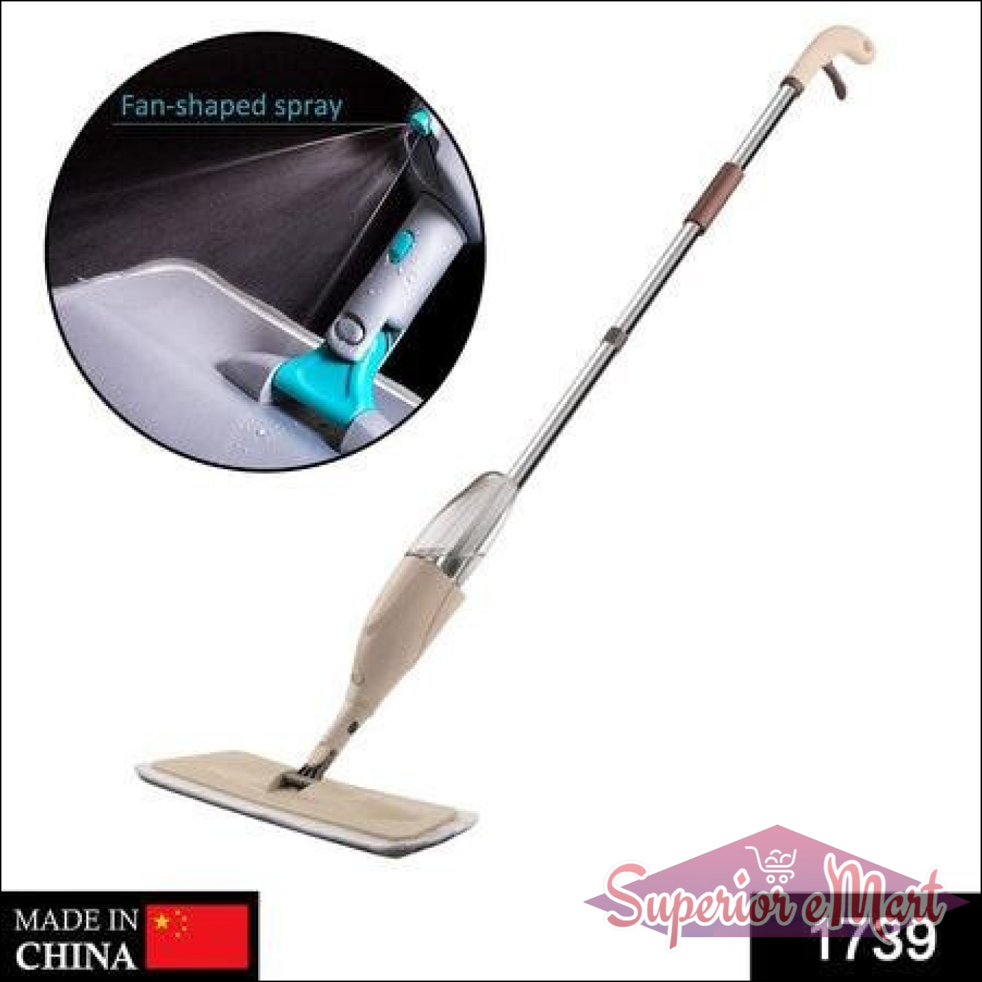 Slim spray mop with washable pad and fan-shaped spray feature for efficient cleaning