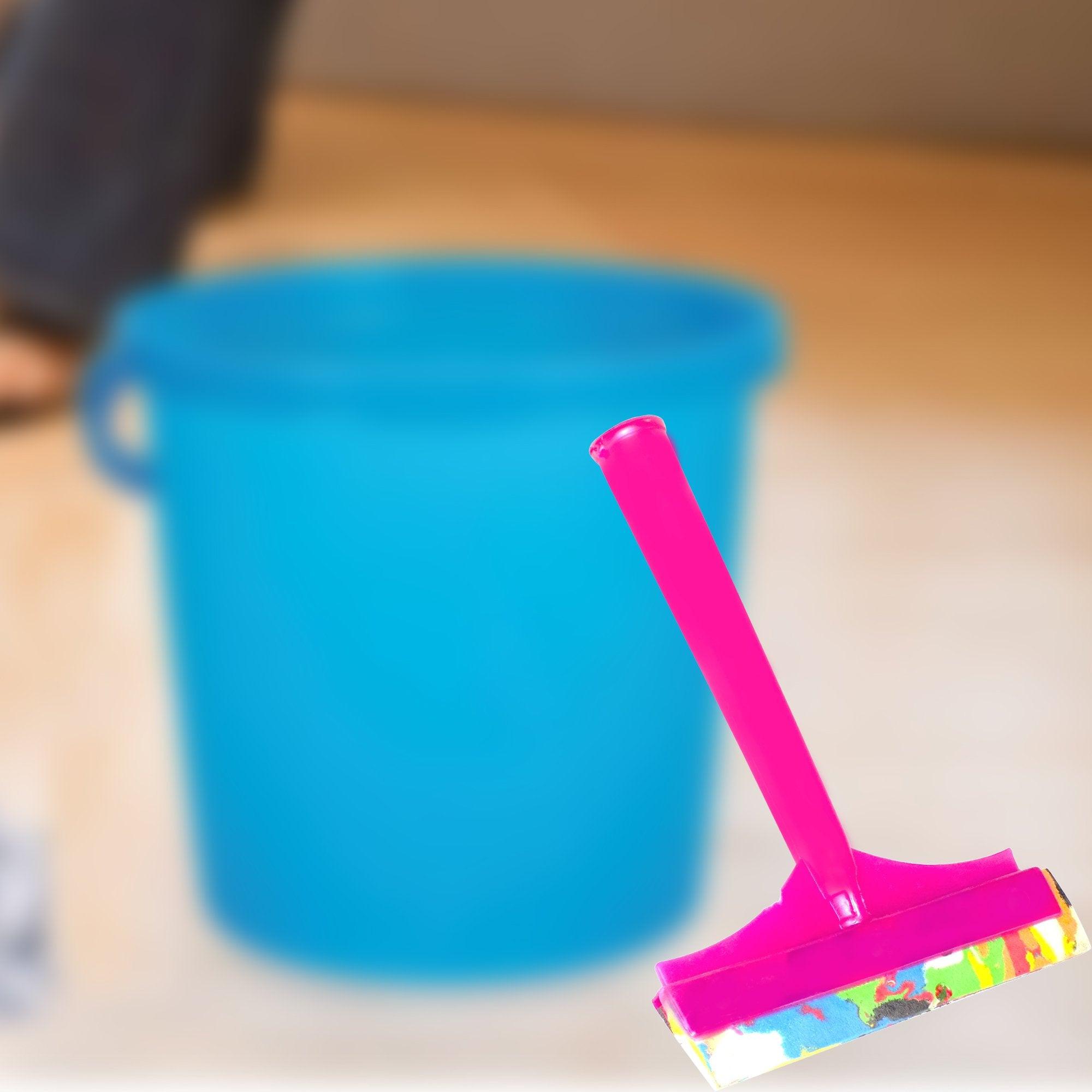 Colorful floor cleaning wiper with handle against a blue bucket for efficient cleaning tasks