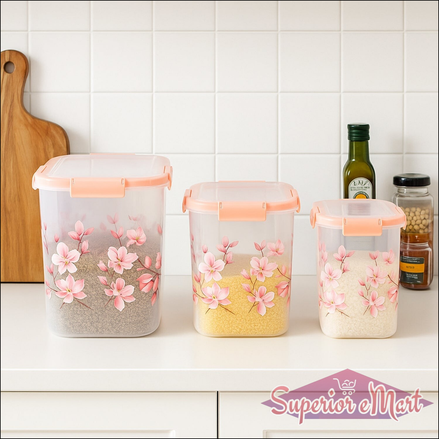 3 Pcs Floral Printed Airtight Storage Containe 2.8 Ltr 4.5 Ltr 6.9 Ltr (3 Pcs Set) - Superior eMart