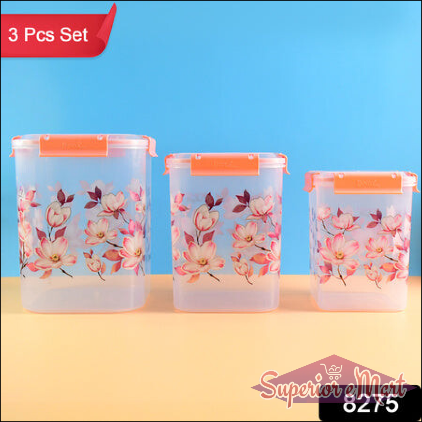 3 Pcs Floral Printed Airtight Storage Containe 2.8 Ltr 4.5 Ltr 6.9 Ltr (3 Pcs Set) - Superior eMart