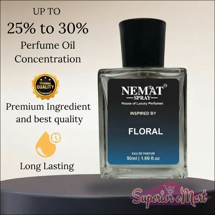 Nemat perfume oil bottle with promotional text on a neutral background
