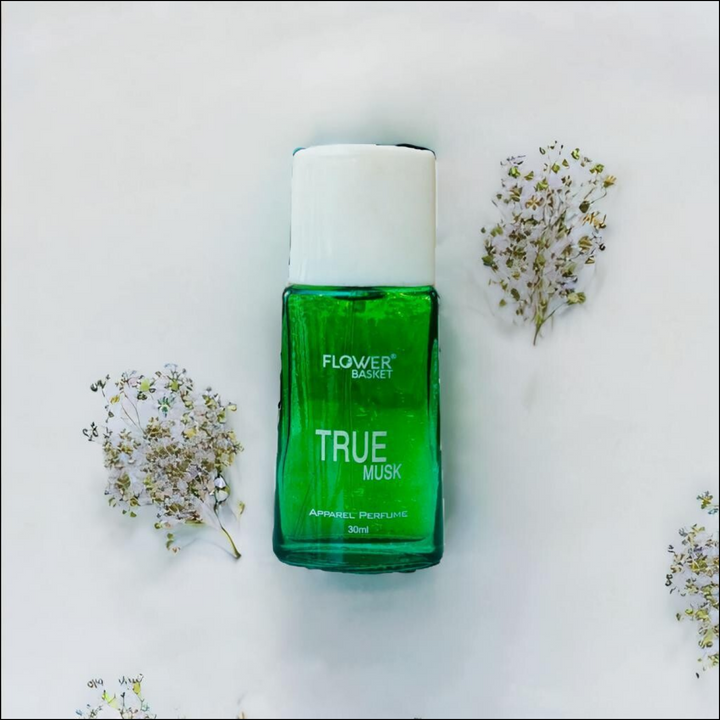 True Musk perfume 30ml by Flower Basket displayed with delicate white flowers for a refreshing look