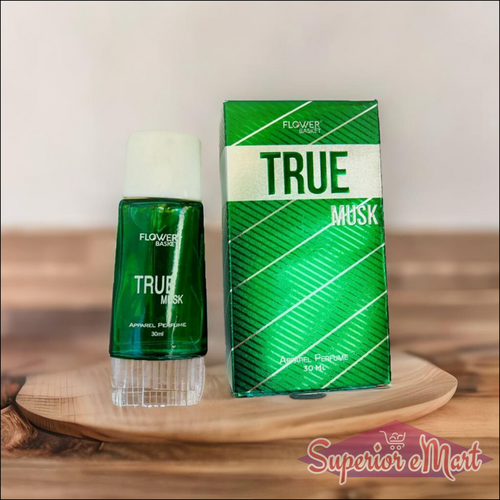 True Musk perfume 30ml bottle with green packaging on a wooden surface