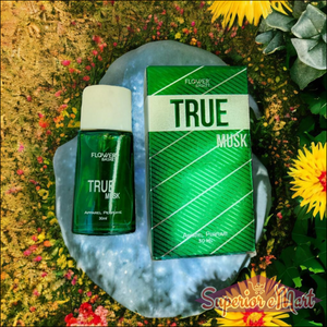 True Musk perfume 30ml by Superior eMart in a green bottle and box with floral background
