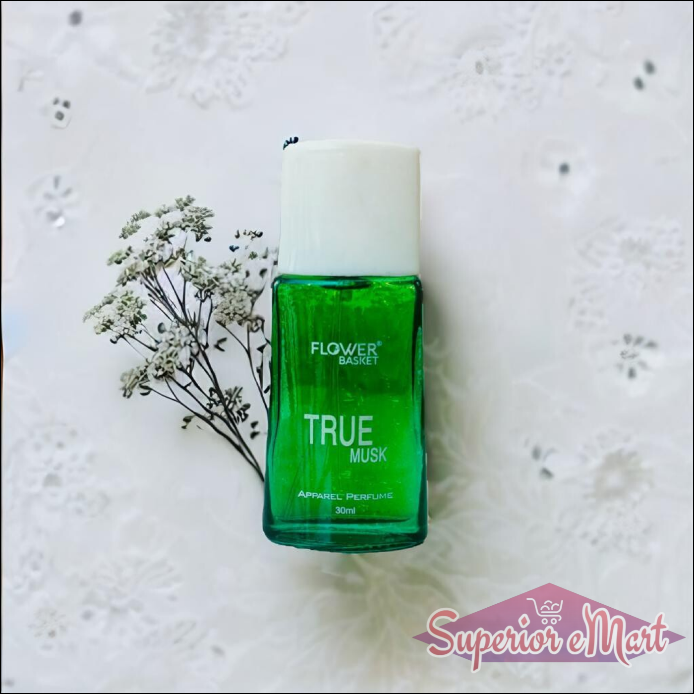 True Musk perfume 30ml in a green bottle with a white cap and floral background