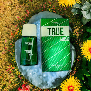 True Musk perfume 30ml by Superior eMart in a green bottle and box with floral background