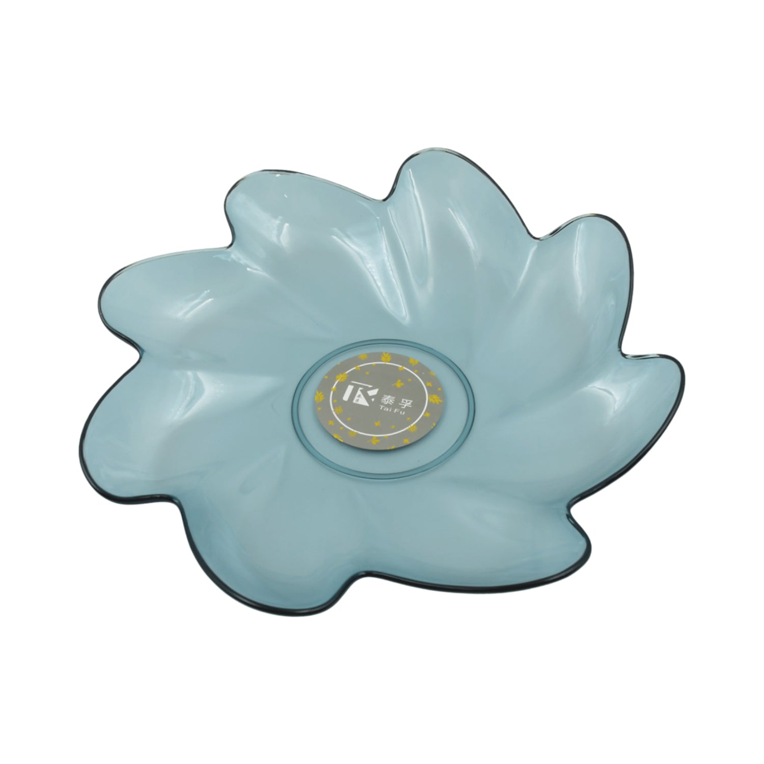 Flower shaped plastic fruit plate in blue, perfect for serving fruits and snacks with style