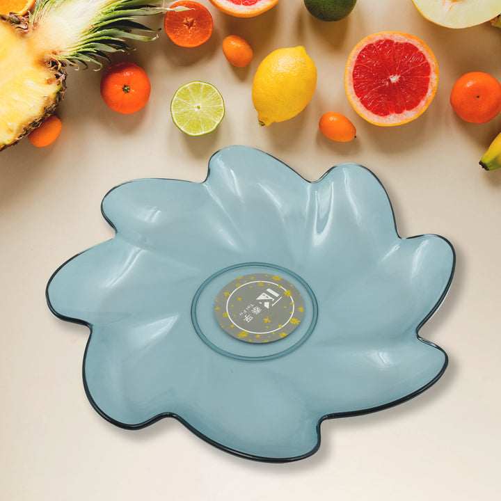 Flower shaped plastic fruit plate in blue, perfect for serving fresh fruits at home