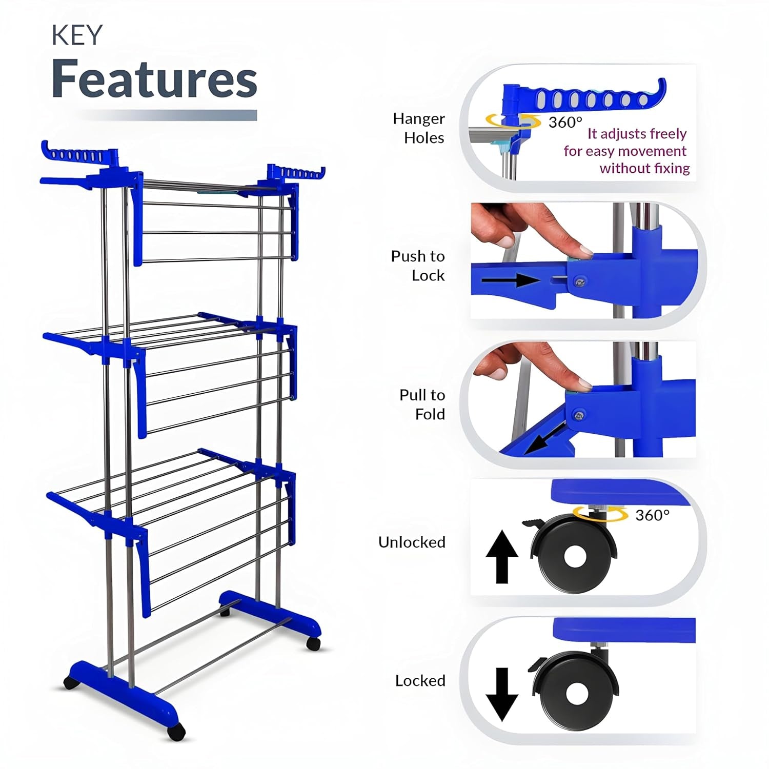 Superior eMart foldable clothes drying rack with adjustable hanger holes and locking wheels for easy movement