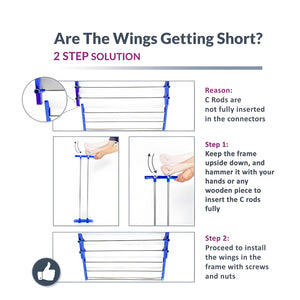 Instructions showing how to fix short wings on a foldable clothes drying rack by fully inserting C rods and securing with screws