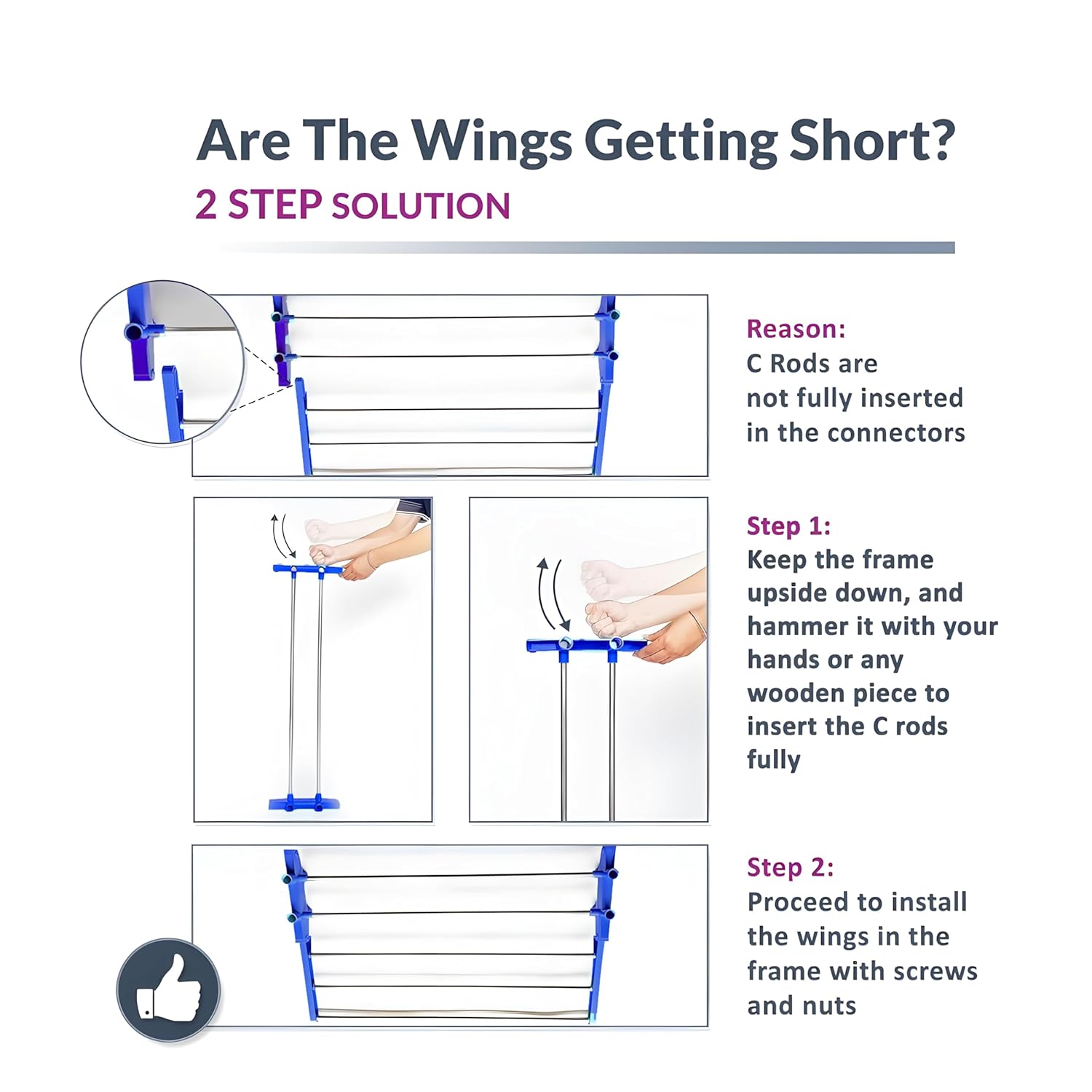 Instructions showing how to fix short wings on a foldable clothes drying rack by fully inserting C rods and securing with screws