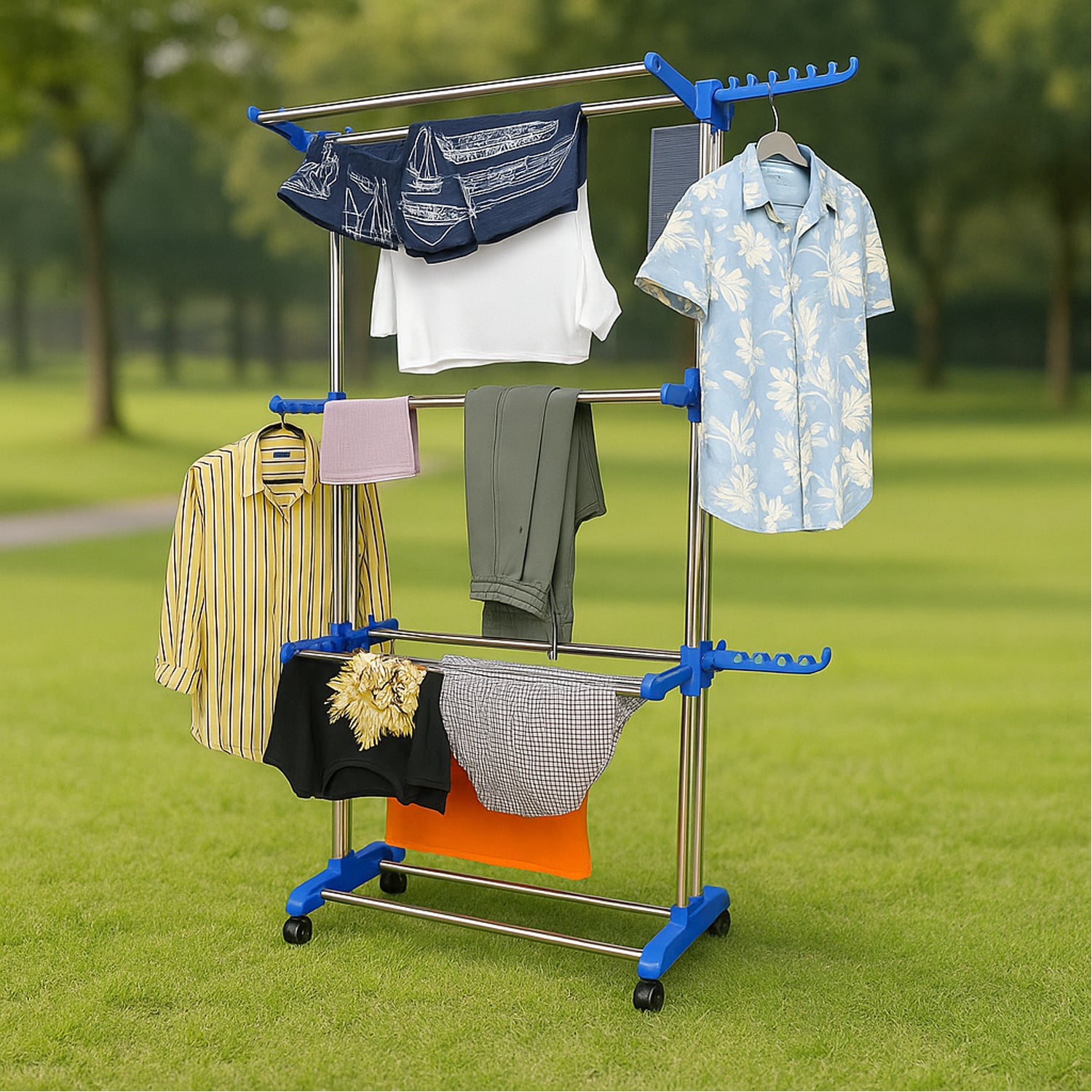 Superior eMart foldable clothes drying rack with multiple tiers and blue accents holding various clothes outdoors