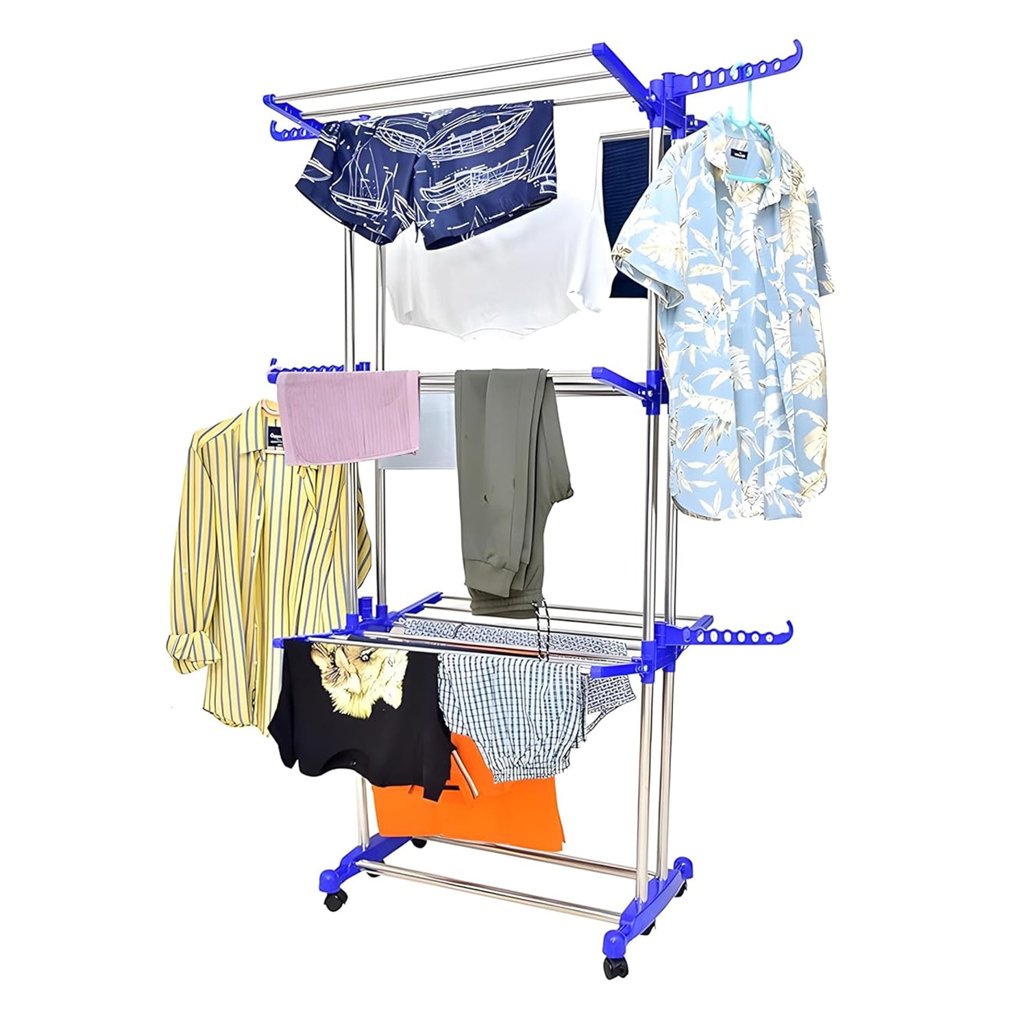 Foldable clothes drying rack by Superior eMart with multiple tiers and wheels holding various clothes