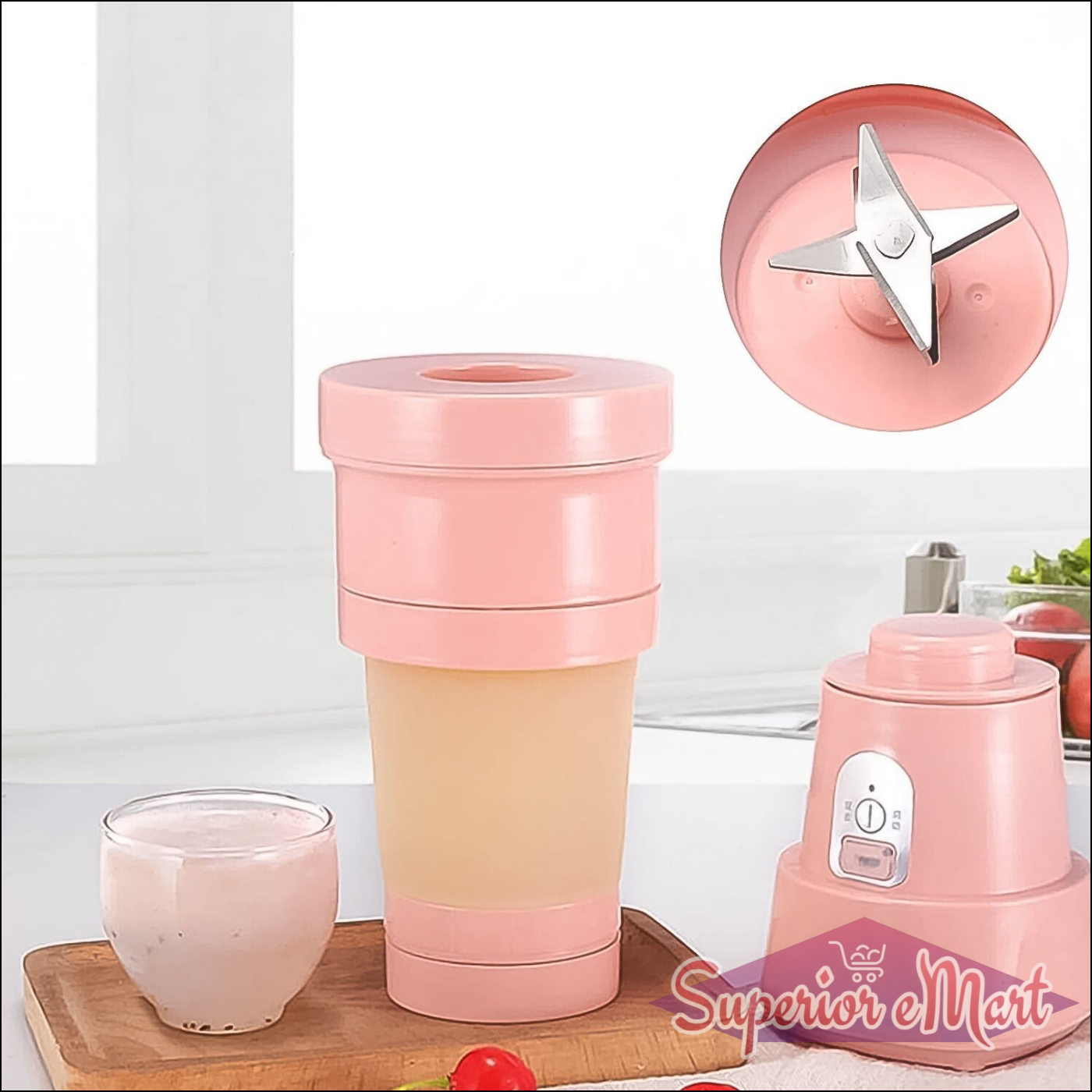 Superior eMart foldable electric juicer blender in pink with detachable cup for easy storage
