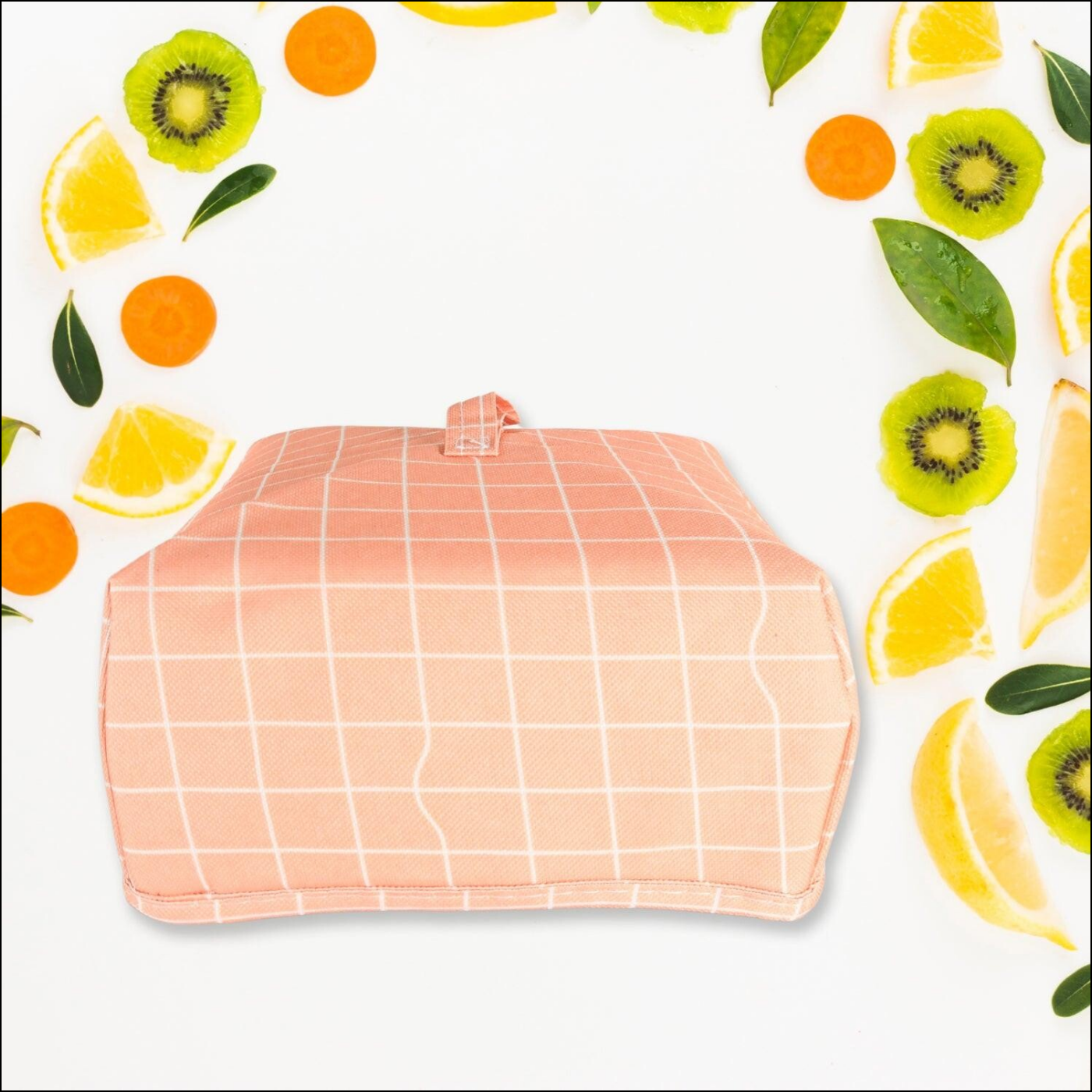 Foldable food cover in pink grid design for keeping food fresh and protected outdoors