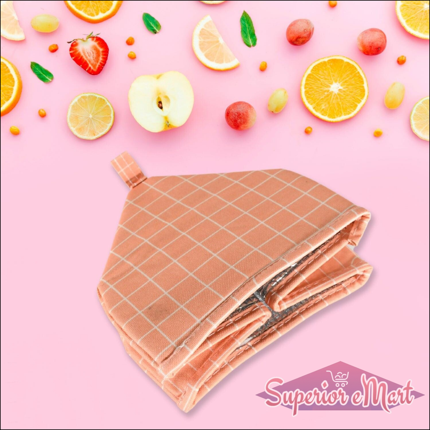Foldable food cover in peach color with grid pattern, perfect for protecting food outdoors