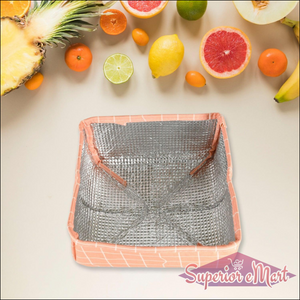 Foldable food cover in peach and silver design ideal for protecting fruits and dishes outdoors
