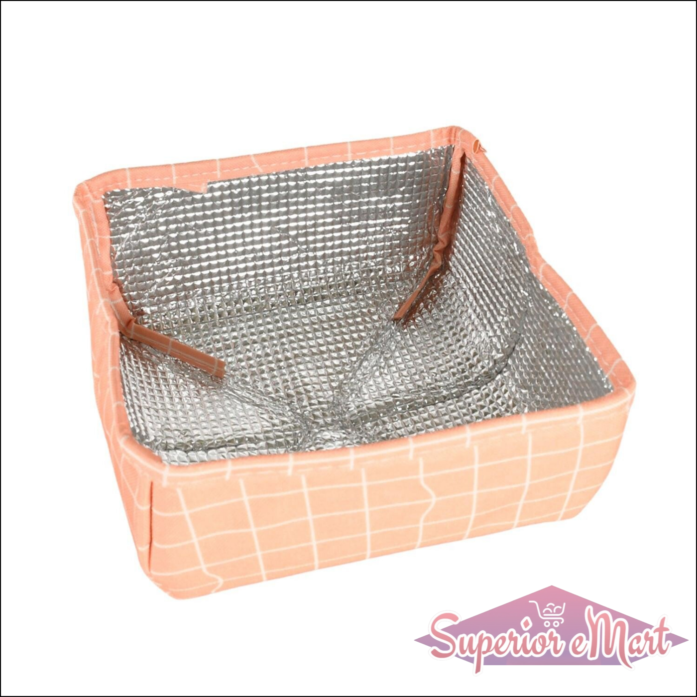 Foldable food cover in peach color with a silver insulated interior for protecting food