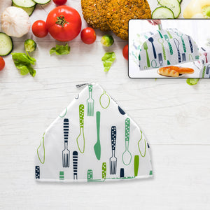 Foldable food cover for kitchen with colorful utensils design, perfect for protecting food from pests.