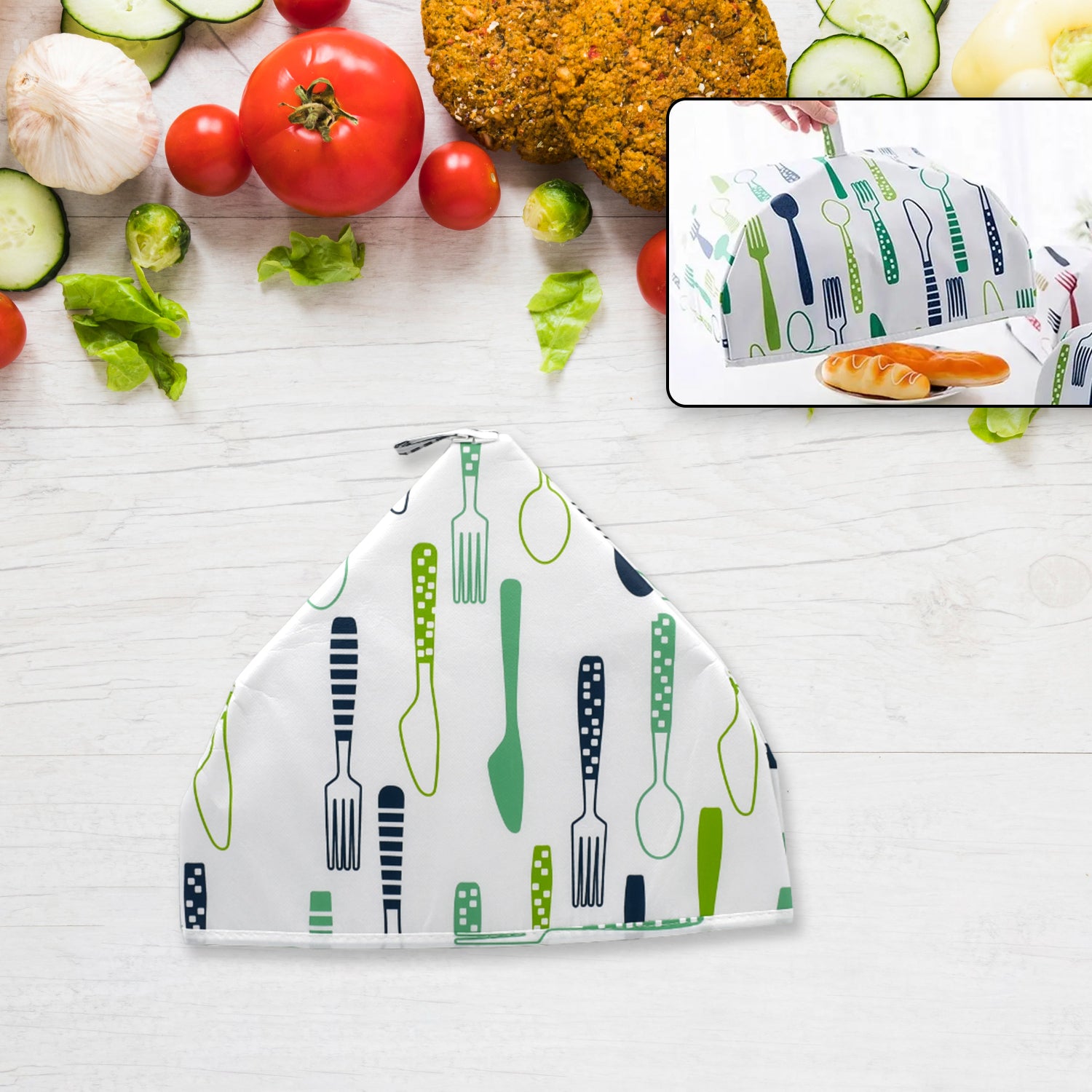 Foldable food cover for kitchen with colorful utensils design, perfect for protecting food from pests.