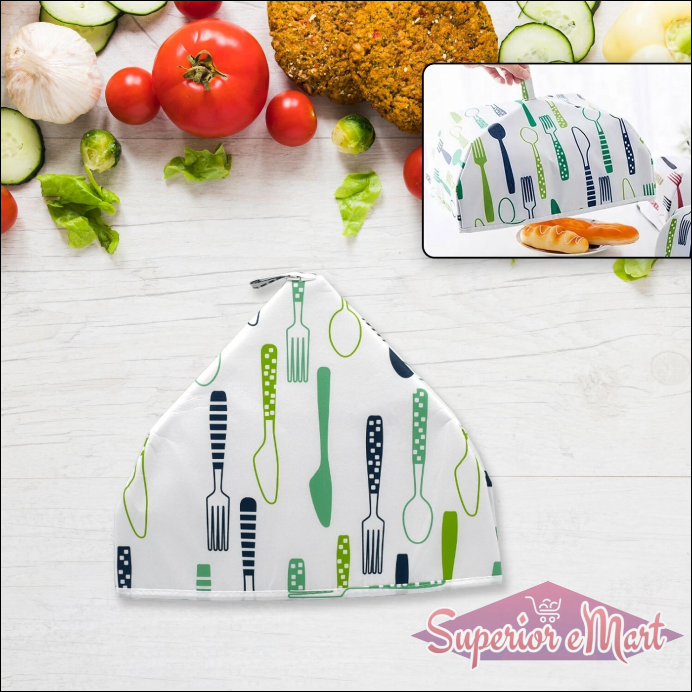 Foldable food cover for kitchen with colorful utensils design, perfect for protecting food from pests.