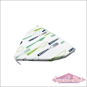 Foldable food cover for kitchen with colorful utensils pattern, perfect for outdoor dining.