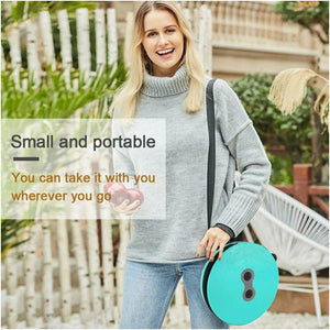 Woman holding a foldable height adjusting stool in a portable design for easy transport