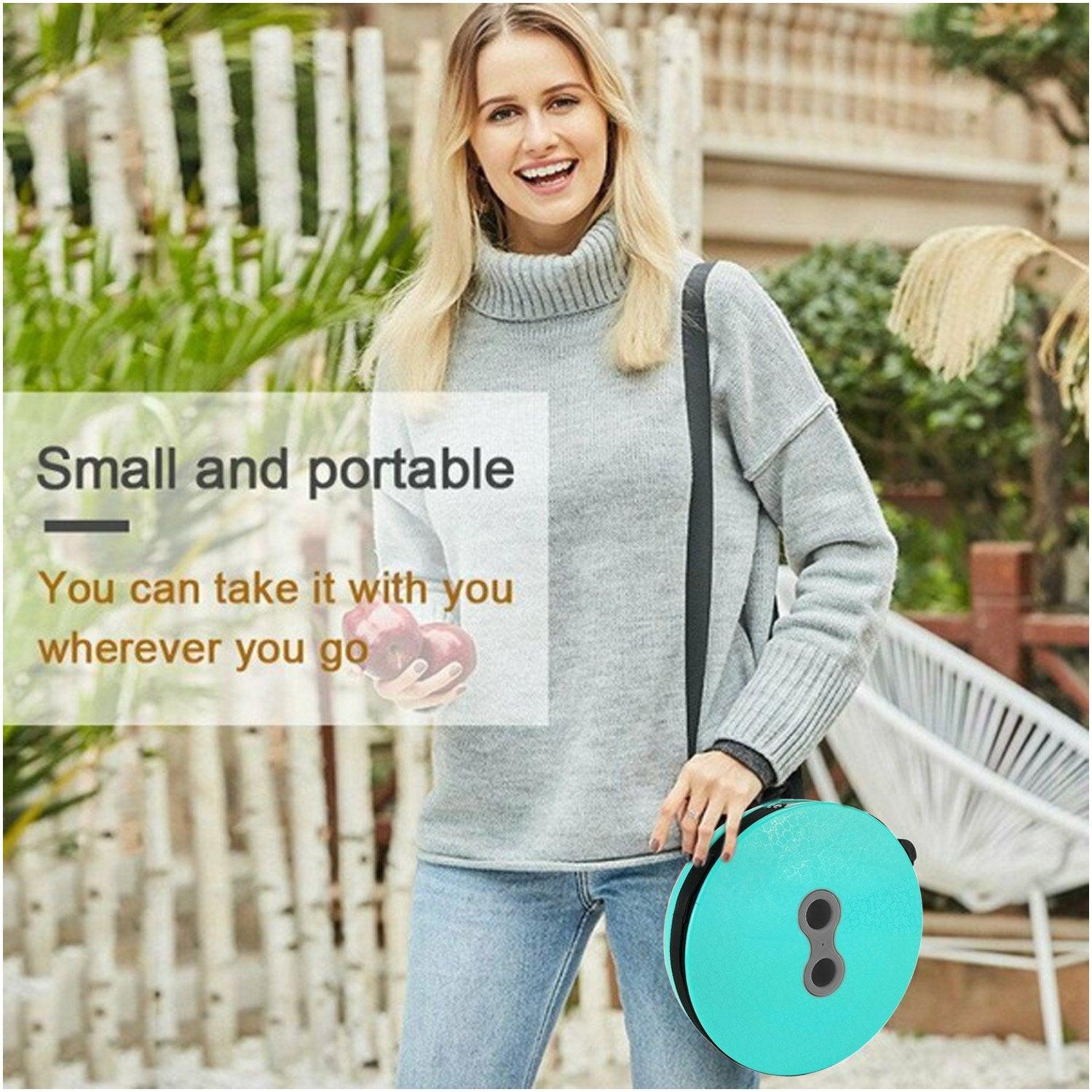 Woman holding a foldable height adjusting stool in a portable design for easy transport