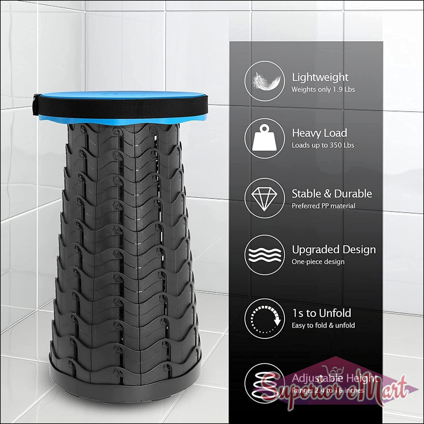 Foldable height adjusting stool with lightweight design, supports up to 350 lbs, and adjustable height options