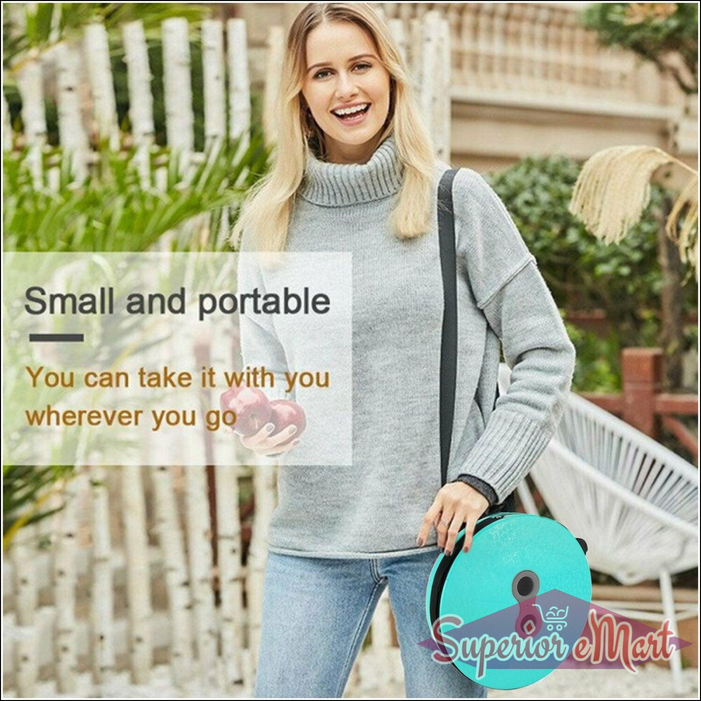 Woman holding a foldable height adjusting stool in a portable design for easy transport