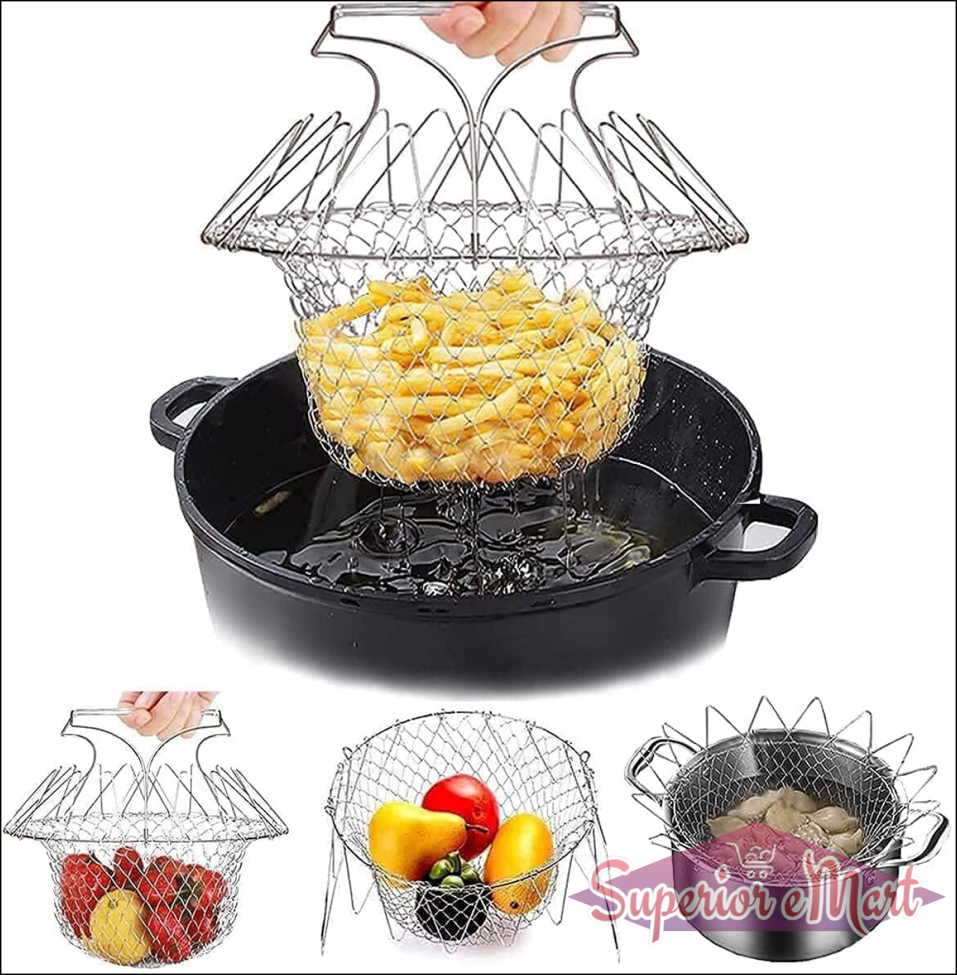 Foldable steam rinse deep frying basket stainless steel fry french strainer net fried filter drainage rack for food