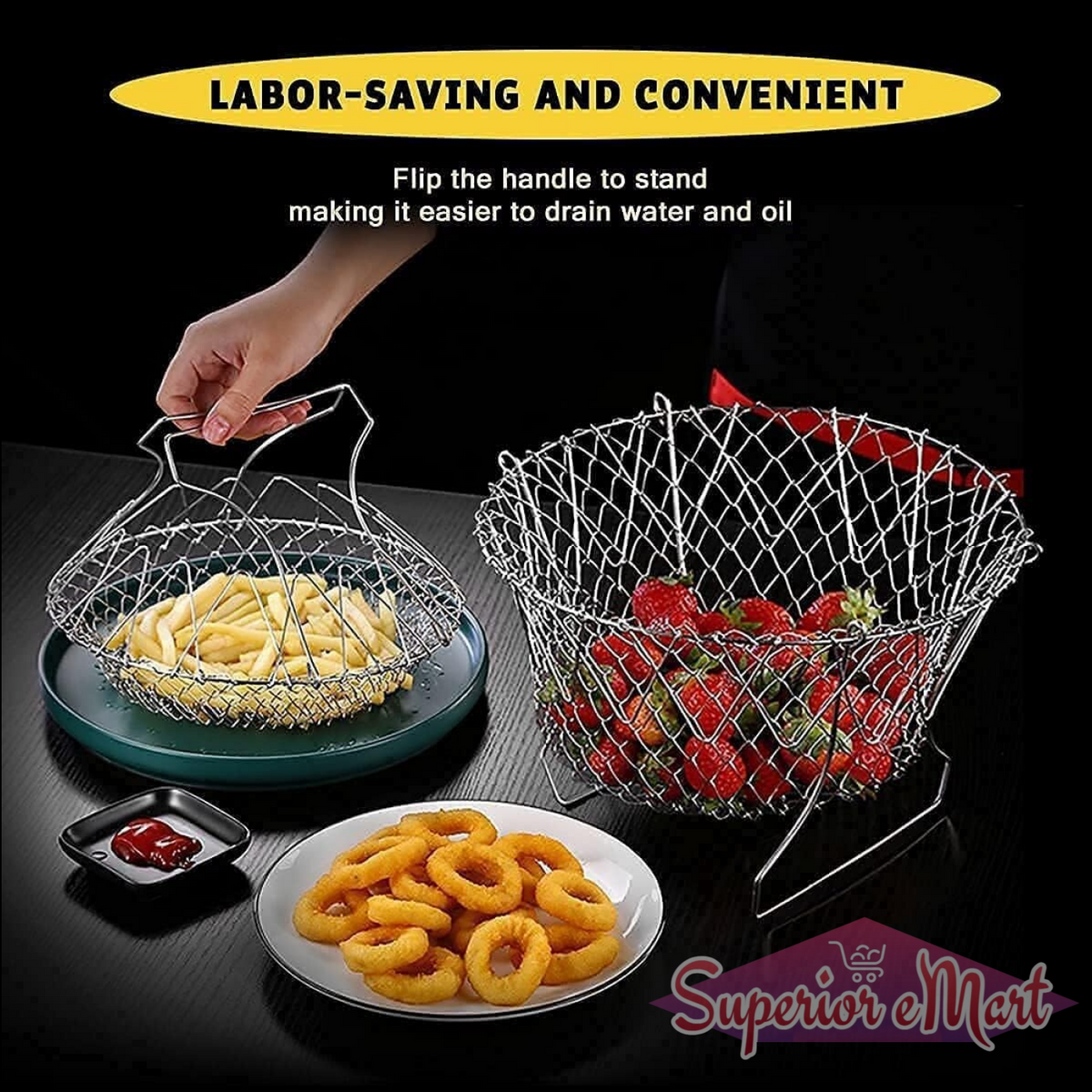 Foldable steam rinse deep frying basket stainless steel fry french strainer net fried filter drainage rack for food