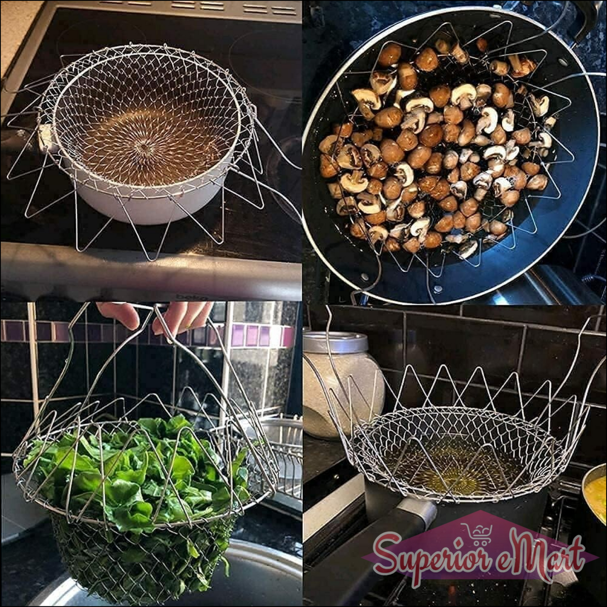 Foldable steam rinse deep frying basket stainless steel fry french strainer net fried filter drainage rack for food