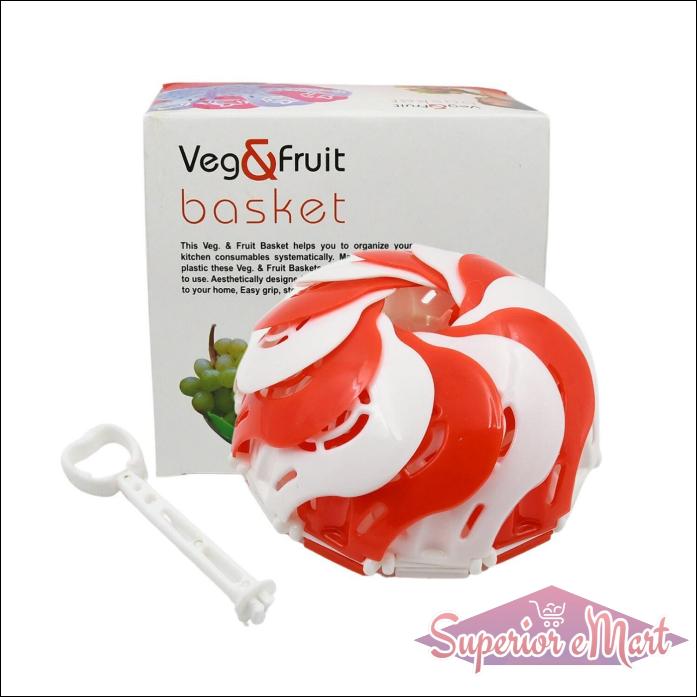 Red and white folding fruit basket for kitchen, perfect for organizing fruits and vegetables