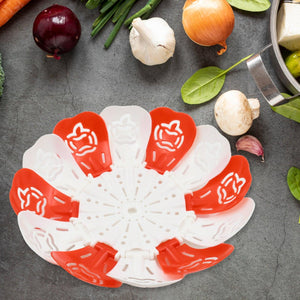Folding fruit basket for kitchen in vibrant red and white design, ideal for fresh produce storage