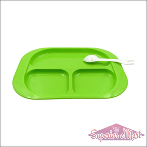 Green biodegradable kids plates with compartments and a white spoon for mealtime convenience