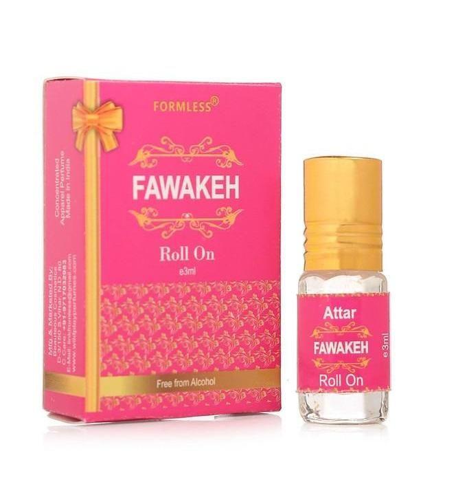 Silver Musk and Fawakeh attar 3ml roll-on perfume in a pink box with golden accents