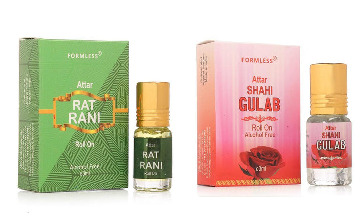 RatRani and shahi gulab attar 3ml bottles in green and pink packaging, alcohol-free and roll-on application