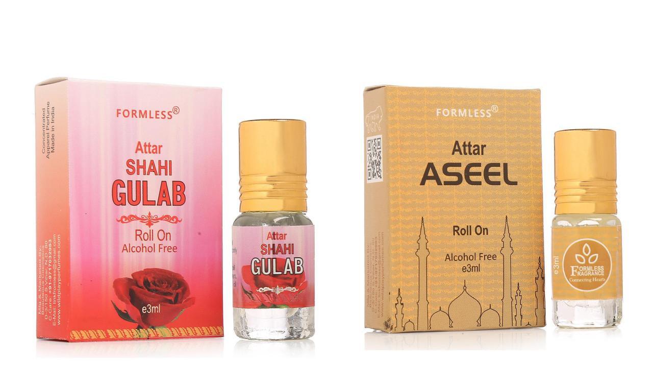 Shahi Gulab and Aseel 3ml alcohol-free roll-on perfume bottles with elegant packaging