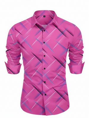 Pink shirt with blue geometric pattern on a white background