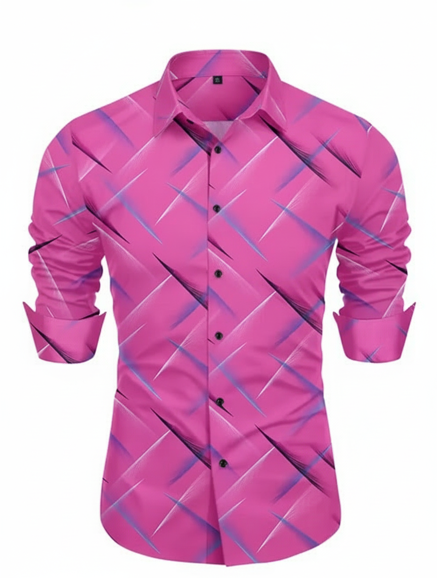 Pink shirt with blue geometric pattern on a white background