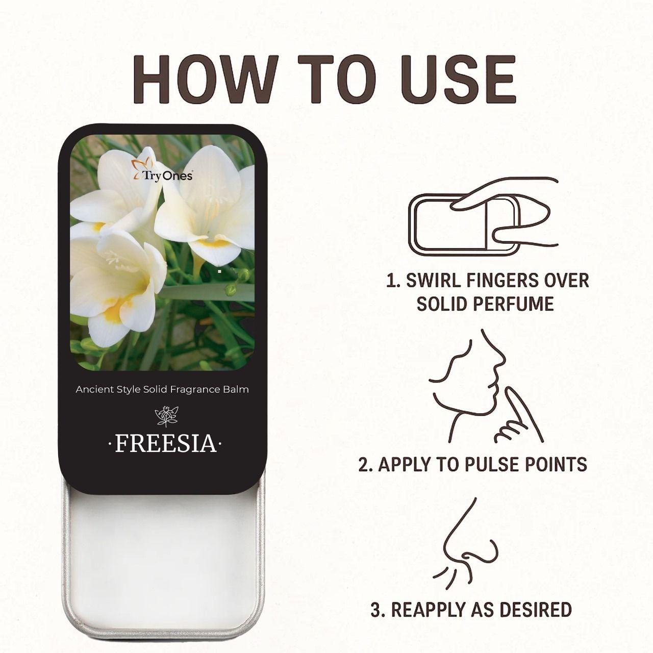 Ancient style solid perfume balm by Freesia with floral packaging, demonstrating how to use on pulse points