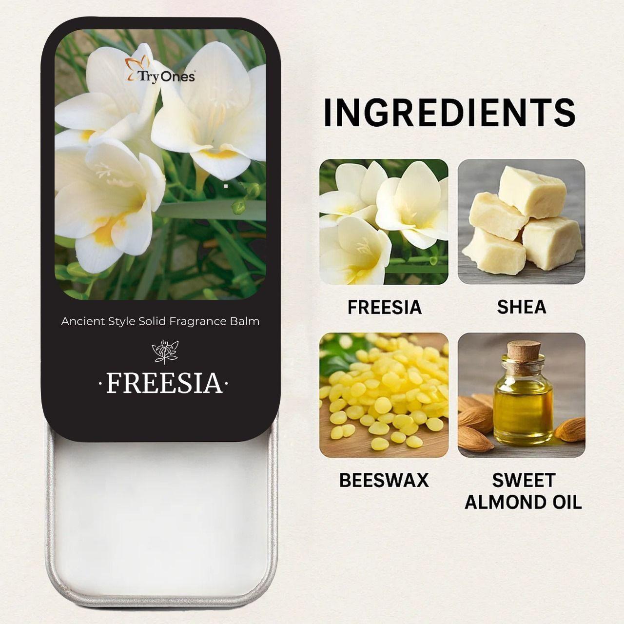 Ancient style solid perfume in a balm form with freesia, shea, beeswax, and sweet almond oil ingredients